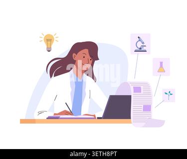 Dottoressa donna che scrive un articolo scientifico. Studio dei dati, relativo alla salute, epidemiologia, analisi dei focolai. Scienziata medica donna con laptop che lavora a. Illustrazione Vettoriale