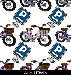 Affascinante modello vettoriale di biciclette viola con cestini e cartelli per parcheggiare Illustrazione Vettoriale
