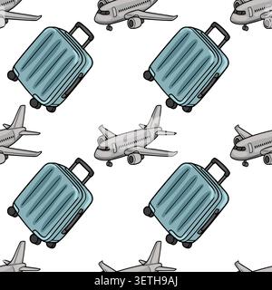 Modello vettoriale senza cuciture di aeroplani e valigie blu, perfetto per design a tema di viaggio Illustrazione Vettoriale