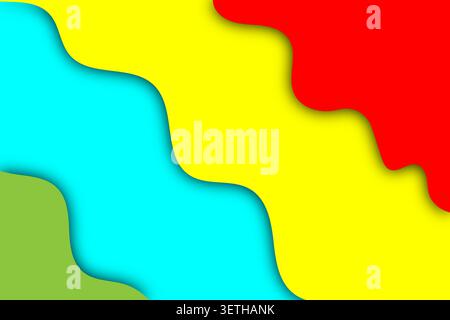 Sfondo dinamico astratto con forme di carta ondulata. Strati di rosso, giallo, ciano e verde con ombre morbide. Design divertente. Illustrazione Vettoriale