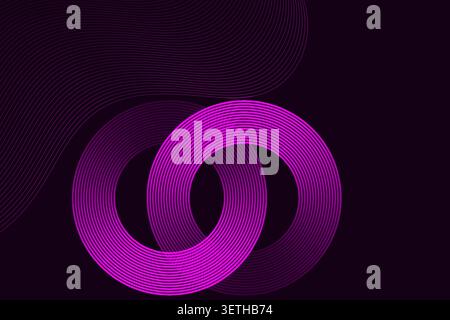 Sfondo astratto viola scuro con un anello a sfioro rosa brillante composto da numerose linee sottili. Elegante design circolare. Illustrazione Vettoriale