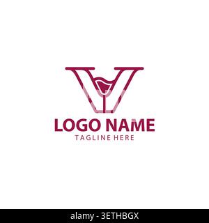 Lettera iniziale V modello di disegno del logo in vetro per vino. Adatto per Bar ristorante, Winery Vineyard Pub Club Business Brand Company Logo Design. Illustrazione Vettoriale