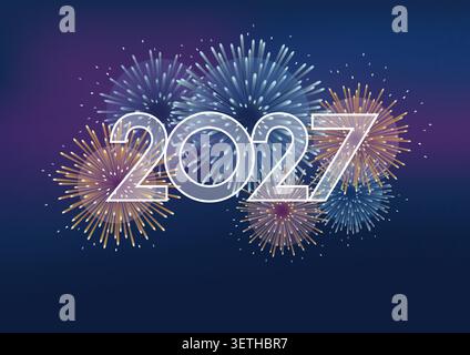 Il logo dell'anno 2027 con fuochi d'artificio celebrativi con il testo Spazio che celebra il nuovo anno. Illustrazione vettoriale. Illustrazione Vettoriale