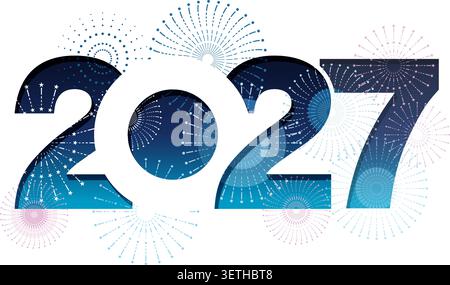 Il logo del simbolo di auguri di Capodanno dell'anno 2027 decorato con fuochi d'artificio festivi. Illustrazione vettoriale isolata su sfondo bianco. Illustrazione Vettoriale