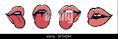 Pixel art bocca con la lingua sporgente. Icona retrò di bocca e lingua in stile minimalista Illustrazione Vettoriale