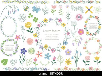 Set di illustrazioni vettoriali di cornici e elementi floreali isolati su sfondo bianco. Illustrazione Vettoriale