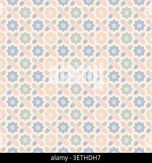 Mosaico pastello senza cuciture con ornamenti geometrici islamici. Elegante sfondo vettoriale per piastrelle arabe per il design di sfondi, tessuti e sfondi. Illustrazione Vettoriale