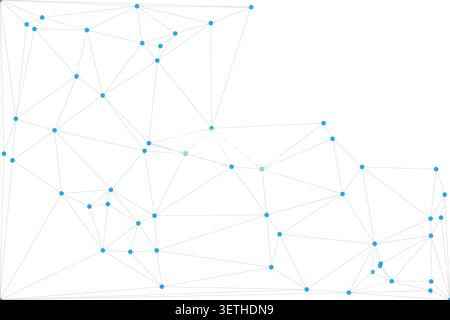 Design digitale minimalista con nodi circolari blu collegati da sottili linee grigie che creano complesse strutture poligonali. Ideale per la visualizzazione dei dati Illustrazione Vettoriale