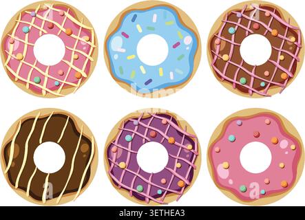 Sei ciambelle vettoriali con glassa colorata, spruzzi e goccioline, disposte in un layout piatto dall'alto verso il basso Illustrazione Vettoriale