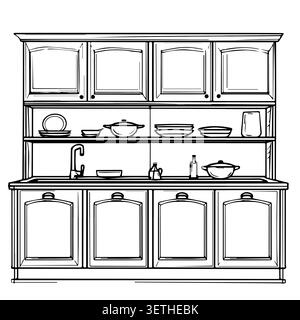 Armadietto da cucina con ripiani aperti, piatti, lavello e bollitore, disegno in bianco e nero di Vector. Il disegno è isolato dallo sfondo.per c Illustrazione Vettoriale