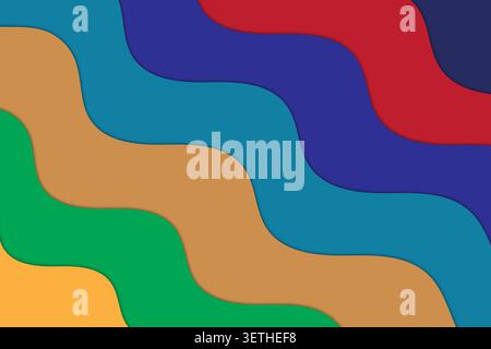 Sfondo vibrante astratto con strisce diagonali ondulate. I colori includono giallo, verde, marrone, blu e rosso. Ombre morbide. Illustrazione Vettoriale