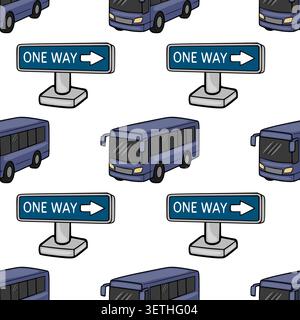 Schema vettoriale dei cartoni animati di autobus blu e segnali stradali a senso unico su sfondo bianco Illustrazione Vettoriale