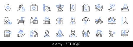 Le icone di Healthcare, Medical Services e Patient Care Line Set Editable Stroke Vector Illustration Illustrazione Vettoriale