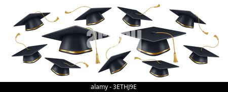 Berretto di laurea con nappina dorata su sfondo bianco. Icona di cappello accademico 3D per l'istruzione universitaria, la celebrazione del diploma dello studente e la laurea Illustrazione Vettoriale