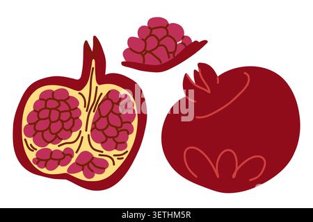 Un vivace, ricco e succoso assortimento di melograni interi e affettati, un pezzo di buccia con semi, frutta autunnale matura per il mercato locale. . Illu vettoriale Illustrazione Vettoriale