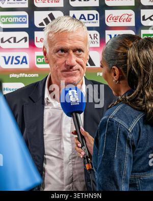 Didier Deschamps, the French national team manager is interviewed after the match versus Iraq in a World Cup Group I game. France wins the match 3-0 in Philadelphia, PA, USA on June 22, 2026. Credit: Don Mennig/Alamy Live News Foto Stock