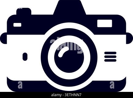 Illustrazione piatta di una fotocamera classica nella vista frontale con pulsanti per il corpo dell'obiettivo e un semplice design retrò Illustrazione Vettoriale