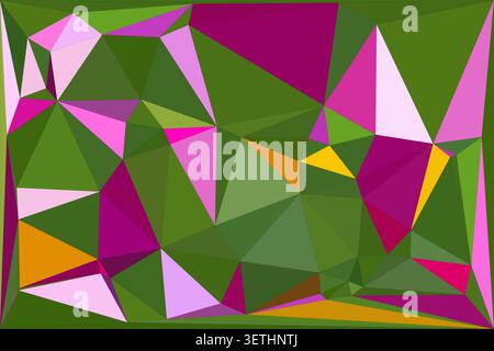 Sfondo in polietilene basso astratto a colori misti. Motivo geometrico con triangoli e poligoni verdi, rosa e gialli. Design dinamico e vivace. Illustrazione Vettoriale