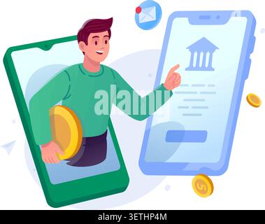 Giovane felice con in mano una moneta d'oro gigante e puntando sullo schermo di uno smartphone con l'icona di un edificio della banca. Immagine piatta vettoriale dell'ap mobile banking Illustrazione Vettoriale
