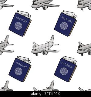 Modello vettoriale senza cuciture di aeroplani e passaporti, illustrazione di viaggio per sfondi e tessuti Illustrazione Vettoriale
