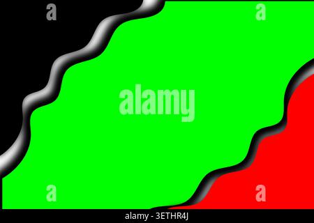 Sfondo dinamico astratto con motivi ondulati in nero, verde brillante e rosso audace con bordi a contrasto per un design grafico moderno. Illustrazione Vettoriale