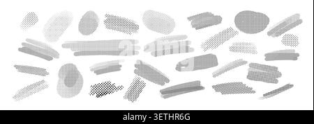 Collezione di tratti di pennello grigio e forme tratteggiate isolate su sfondo bianco, utili come elementi di design astratti per banner e poster Illustrazione Vettoriale