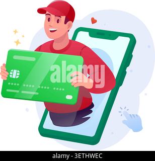 Giovane felice con un tappo rosso che tiene in mano una gigantesca carta di credito verde mentre appare sullo schermo di uno smartphone. Immagine piatta vettoriale dell'ap mobile banking Illustrazione Vettoriale