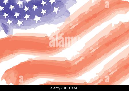 Bandiera astratta in stile grunge degli Stati Uniti d'America, con effetto acquerello spazzolato. Modello banner festivo orizzontale. Illustrazione Vettoriale