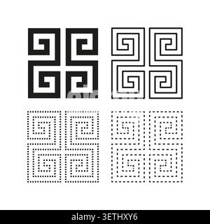 Set di simboli geometrici Tetraskelion con vettore di modelli chiave in greco. Le icone ornamentali valorizzano i progetti di pattern architettonici e tessili. EPS 10. Illustrazione Vettoriale