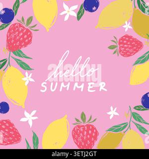 Hello Summer Fruit pattern con fragole, limoni e mirtilli Illustrazione Vettoriale