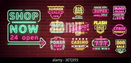 Insegne pubblicitarie al neon. Segnaletica illuminata sulla parete in mattoni per le vendite del Cyber Monday o del Black Friday. Testi promozionali con sconti e luci Illustrazione Vettoriale