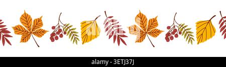Bordo decorativo autunnale con foglie di rowan, castagne e betulla e frutti di bosco, incorniciano per decorare. Illustrazione vettoriale Illustrazione Vettoriale