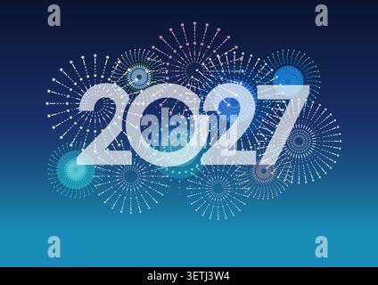 Il logo dell'anno 2027 e fuochi d'artificio celebrativi con spazio per il testo su uno sfondo di cielo notturno blu. Illustrazione vettoriale. Illustrazione Vettoriale