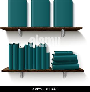 Libreria realistica con libri. Ripiano libreria con volumi spessi. Pile di letteratura. Encyclopedia hardcover blank mockup. Libri di testo 3D chiusi. Interio Illustrazione Vettoriale