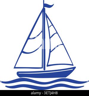 Illustrazione in linea di una barca a vela con due vele che fluttuano sopra onde stilizzate dell'oceano e una piccola bandiera Illustrazione Vettoriale