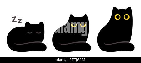 Carino gatto nero dei cartoni animati. Dormire, svegliarsi e svegliarsi completamente. Disegno semplice, set di illustrazioni di clip art vettoriali isolate. Illustrazione Vettoriale