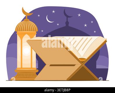 Al-Quran mette in piedi una libreria di legno per la scrittura islamica il Sacro libro e la religione Concept Illustration Clip Art Illustrazione Vettoriale