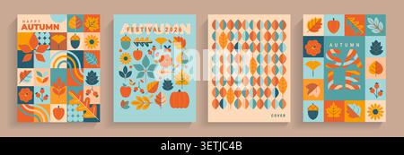 Volantini d'autunno dal design geometrico moderno. Poster per le vendite, festival del raccolto. Striscioni verticali con foglie autunnali e motivi geometrici autunnali. Copertine autunnali. Modello per la progettazione, la stampa, il Web e gli annunci. Vettore Illustrazione Vettoriale