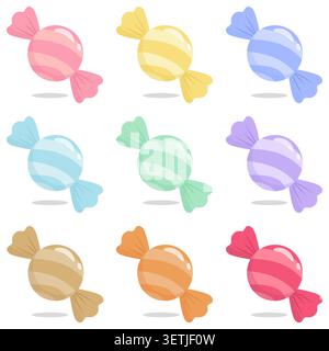 Graziosa collezione di caramelle pastello con dolci avvolti trasparenti lucidi in nove varianti di colore. Set di clipart per dolciumi decorativi isolato Illustrazione Vettoriale
