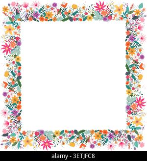 Cornice floreale con bordo in fiori selvatici. Arte popolare, fiori selvatici in stile. Illustrazione Vettoriale