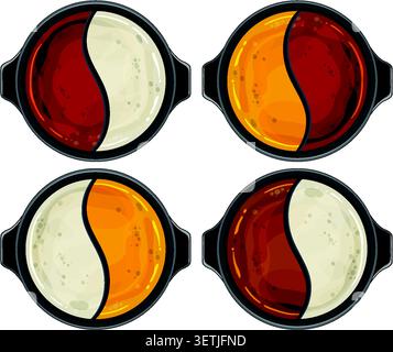 Quattro brodi hot pot yin-yang, illustrazione vettoriale top-down, colori vivaci, linee pulite, ombreggiatura minima Illustrazione Vettoriale