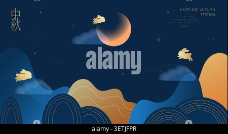 Un banner orizzontale, un poster e una copertina per il Mid-Autumn Festival, con conigli, montagne, cielo notturno e luna. Traduzione cinese metà Illustrazione Vettoriale