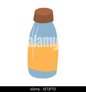 Illustrazione di una bottiglia di plastica blu e gialla con tappo marrone, con superficie liscia e design semplice, adatta per varie bevande Illustrazione Vettoriale