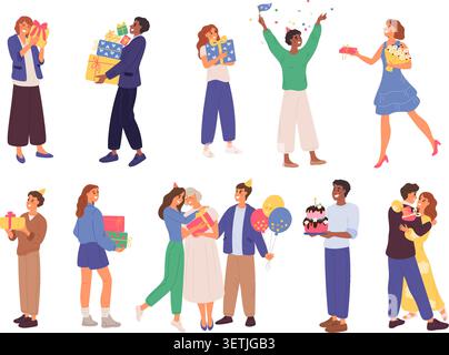 Le persone regalano doni. Invia auguri di festa e ospita eventi con regali in scatola. Tradizione di celebrazione. Palloncini e coriandoli. Ricevi fiori Illustrazione Vettoriale