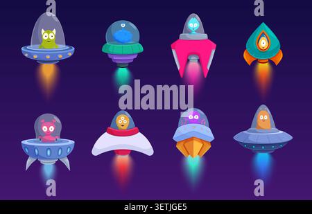 Alieni in astronave. Personaggi UFO che volano su astronavi e navi. Cartoni animati mostri divertenti che viaggiano nell'universo, avventure spaziali sapid Vector Illustrazione Vettoriale