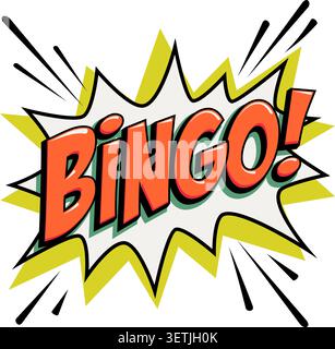 Logo Bingo Starburst in stile comico audace con scritta rossa brillante sulla forma a raffica bianca e dettagli gialli. Icona del bingo vettoriale dinamico per la lotteria Illustrazione Vettoriale