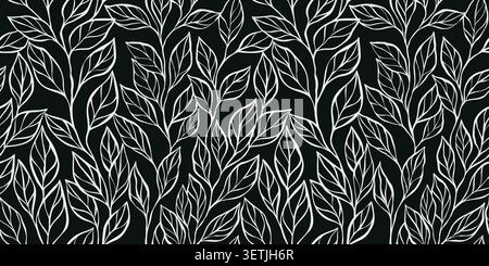 Modello senza cuciture con contorni bianchi di foglie botaniche su sfondo nero. Design elegante di carta da parati floreale con silhouette di fogliame organico per Illustrazione Vettoriale