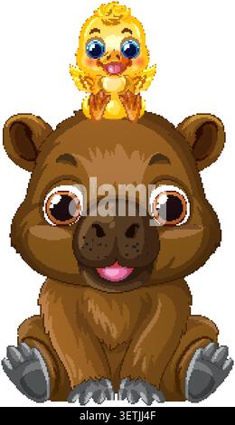 Illustrazione vettoriale di un capybara sorridente e anatroccolo isolato su sfondo bianco. Illustrazione Vettoriale