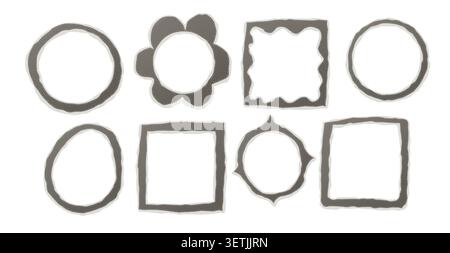 Set di otto cornici a contorno grigio disegnate a mano e forme di badge isolate su sfondo bianco, compresi cerchi, quadrati, stili di fiori e stelle per Illustrazione Vettoriale