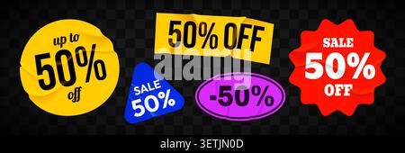 Set di adesivi colorati con sconto del 50%. Tag promozionali per gli acquisti al dettaglio. Illustrazione vettoriale Illustrazione Vettoriale